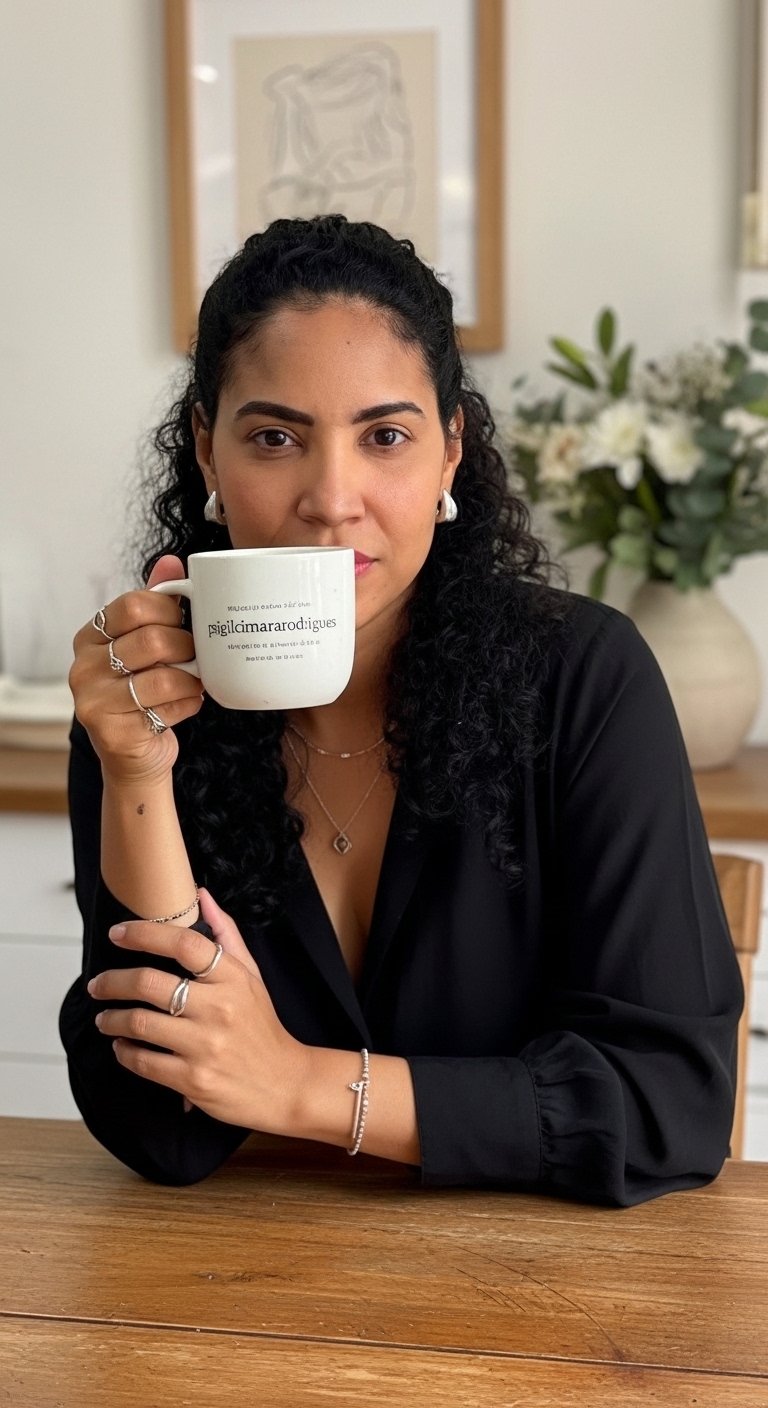 Gilcimara Rodrigues, psicóloga clínica, sentada à mesa segurando uma caneca